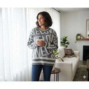 SOHO NY‎ & Co Women's Metallic LOVE Oversized Sweater Gray XL